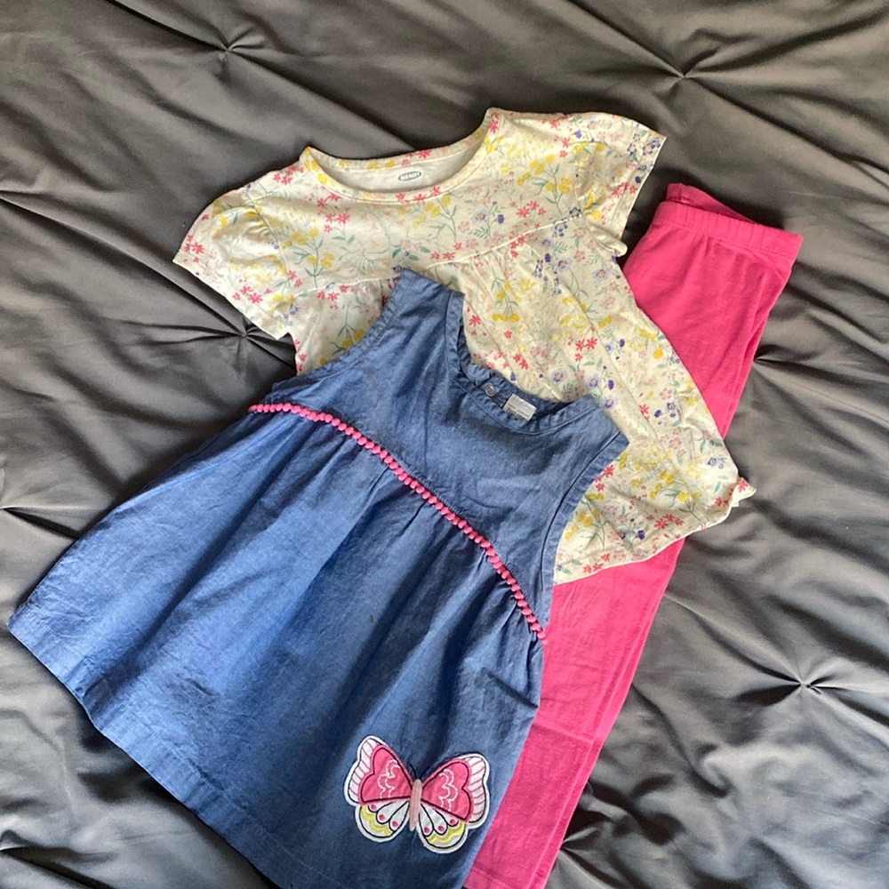 Girls size 4 denim tank and floral top set with pink leggings
